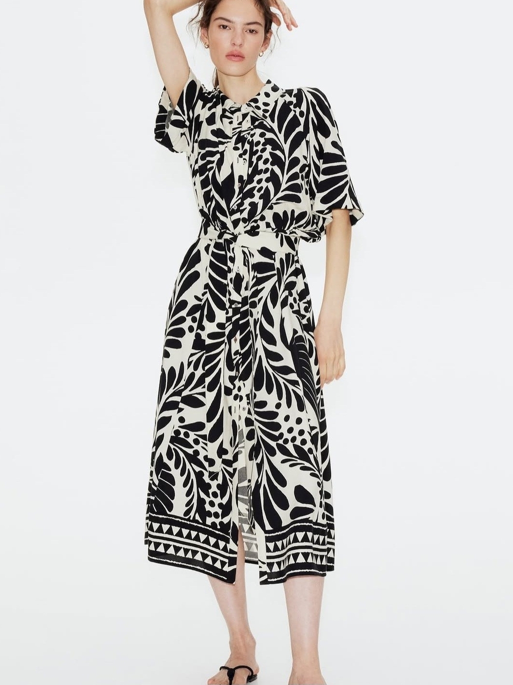 H&M Black and Cream Botanical Tie-Waist Maxi Dress